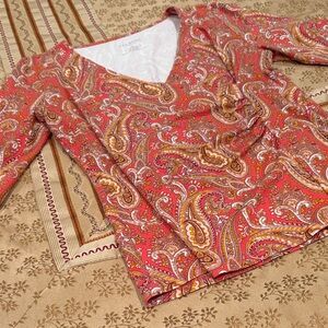 Talbots Petite Orange and Gold Paisley Top, Sarong-Style, Cotton Blend, MP